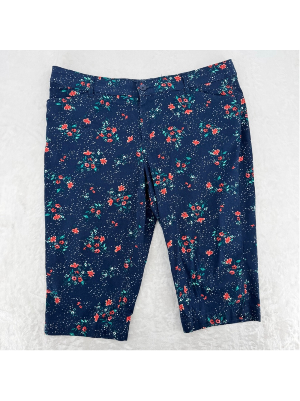 Capri Pants Navy Blue Coral Ditsy Floral St. John's Bay Cropped Clam Diggers 18P